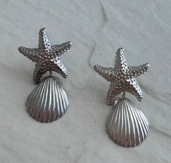 Vintage sterling silver starfish and shell drop earrings with textured detailing and wire connections