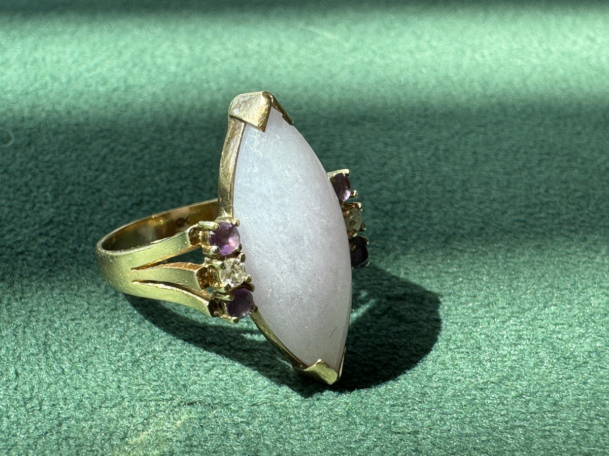 Vintage 14K Gold Lavender Jade Marquise Ring Diamond Amethyst Accents Estate Jewelry Not a Subtle Ring