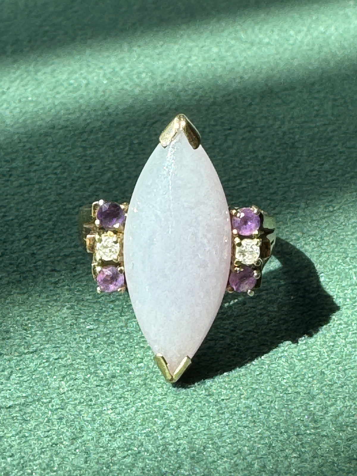 Vintage 14K Gold Lavender Jade Marquise Ring Diamond Amethyst Accents Estate Jewelry Not a Subtle Ring