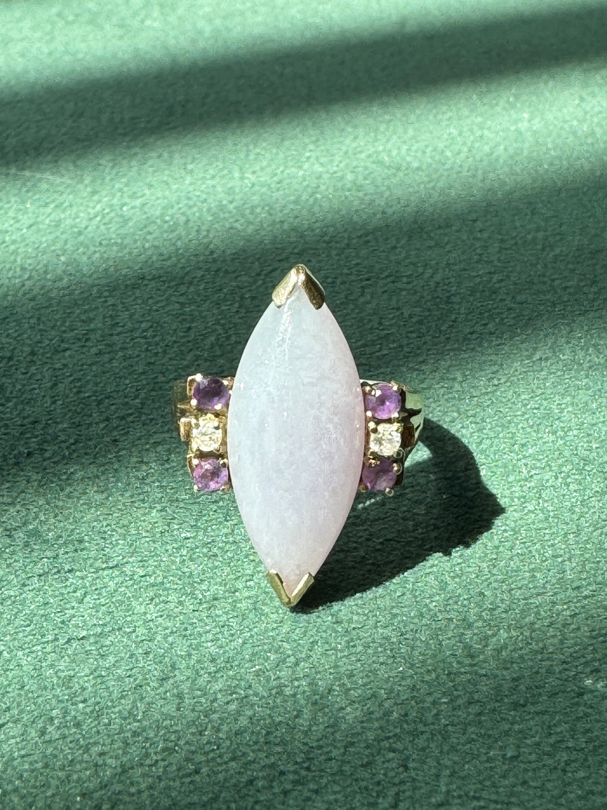 Vintage 14K Gold Lavender Jade Marquise Ring Diamond Amethyst Accents Estate Jewelry Not a Subtle Ring