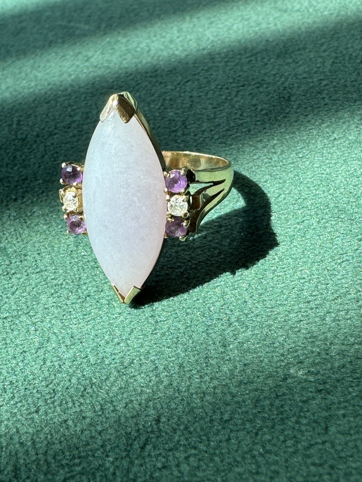 Vintage 14K Gold Lavender Jade Marquise Ring Diamond Amethyst Accents Estate Jewelry Not a Subtle Ring