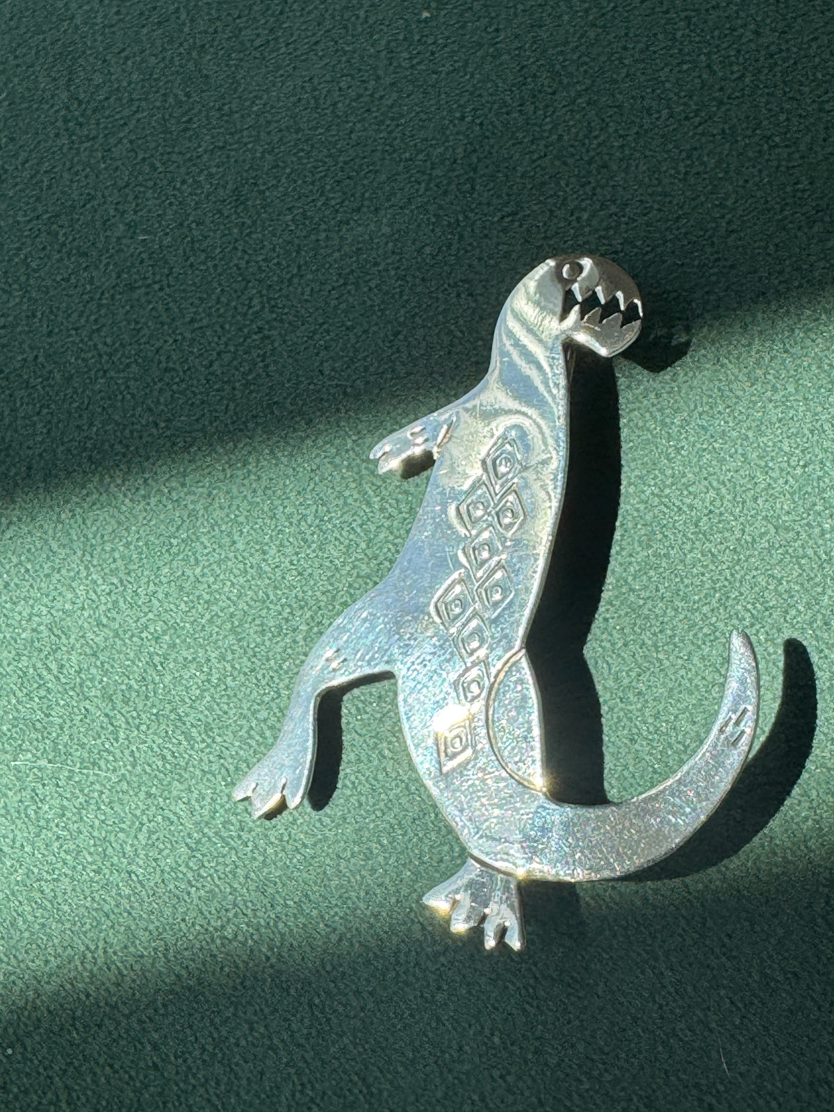 Vintage Sterling Silver Dinosaur Brooch Signed Woods Southwestern Stamped Design Estate Jewelry
