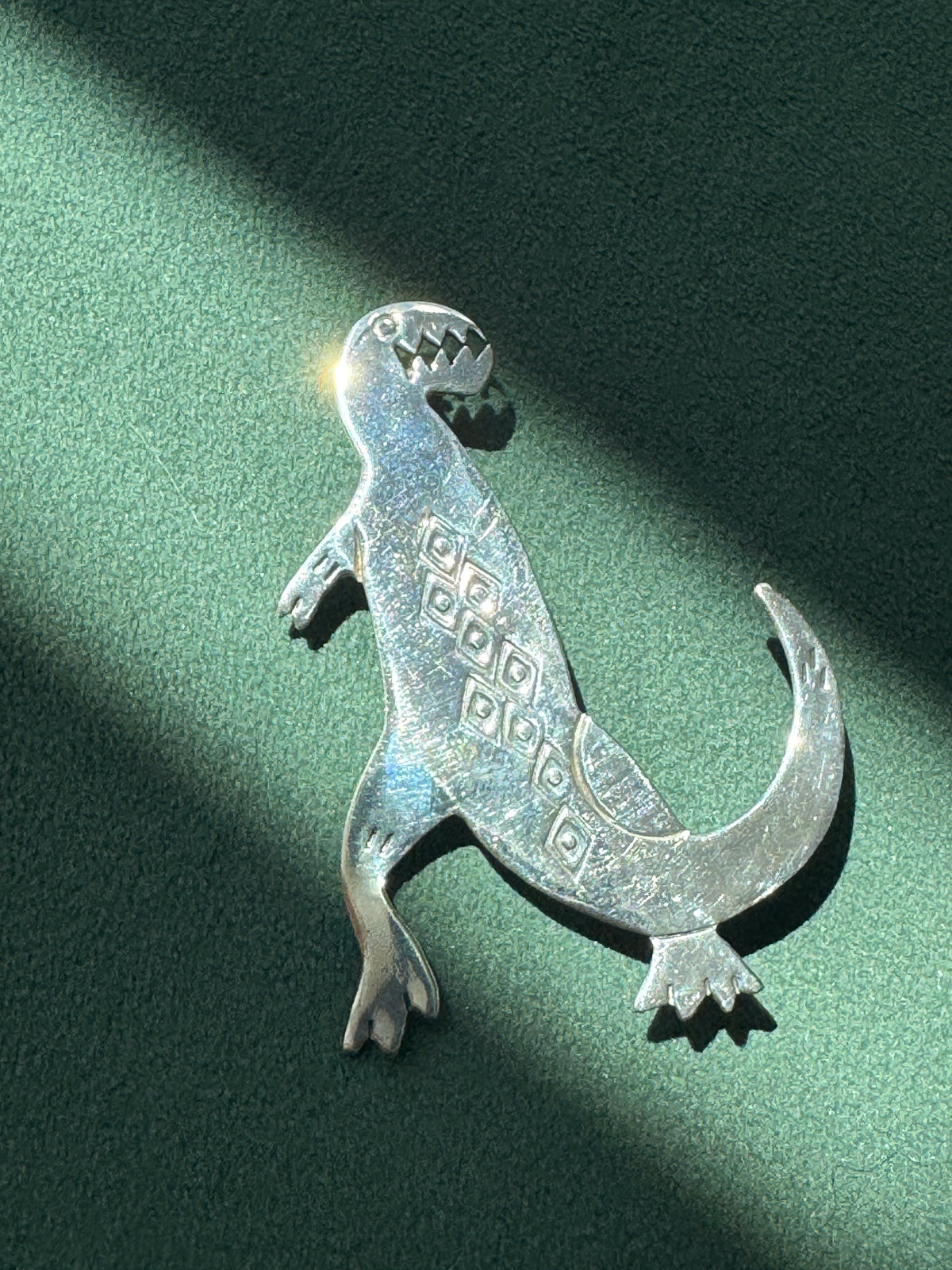 Vintage Sterling Silver Dinosaur Brooch Signed Woods Southwestern Stamped Design Estate Jewelry