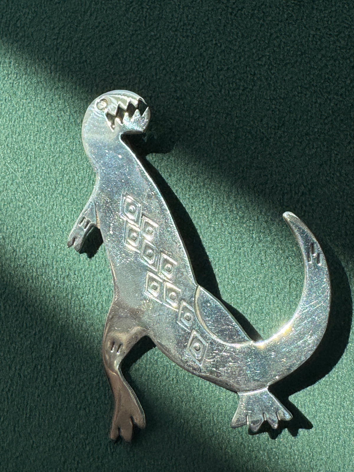 Vintage Sterling Silver Dinosaur Brooch Signed Woods Southwestern Stamped Design Estate Jewelry
