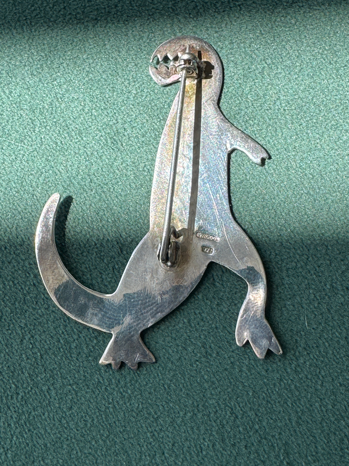 Vintage Sterling Silver Dinosaur Brooch Signed Woods Southwestern Stamped Design Estate Jewelry