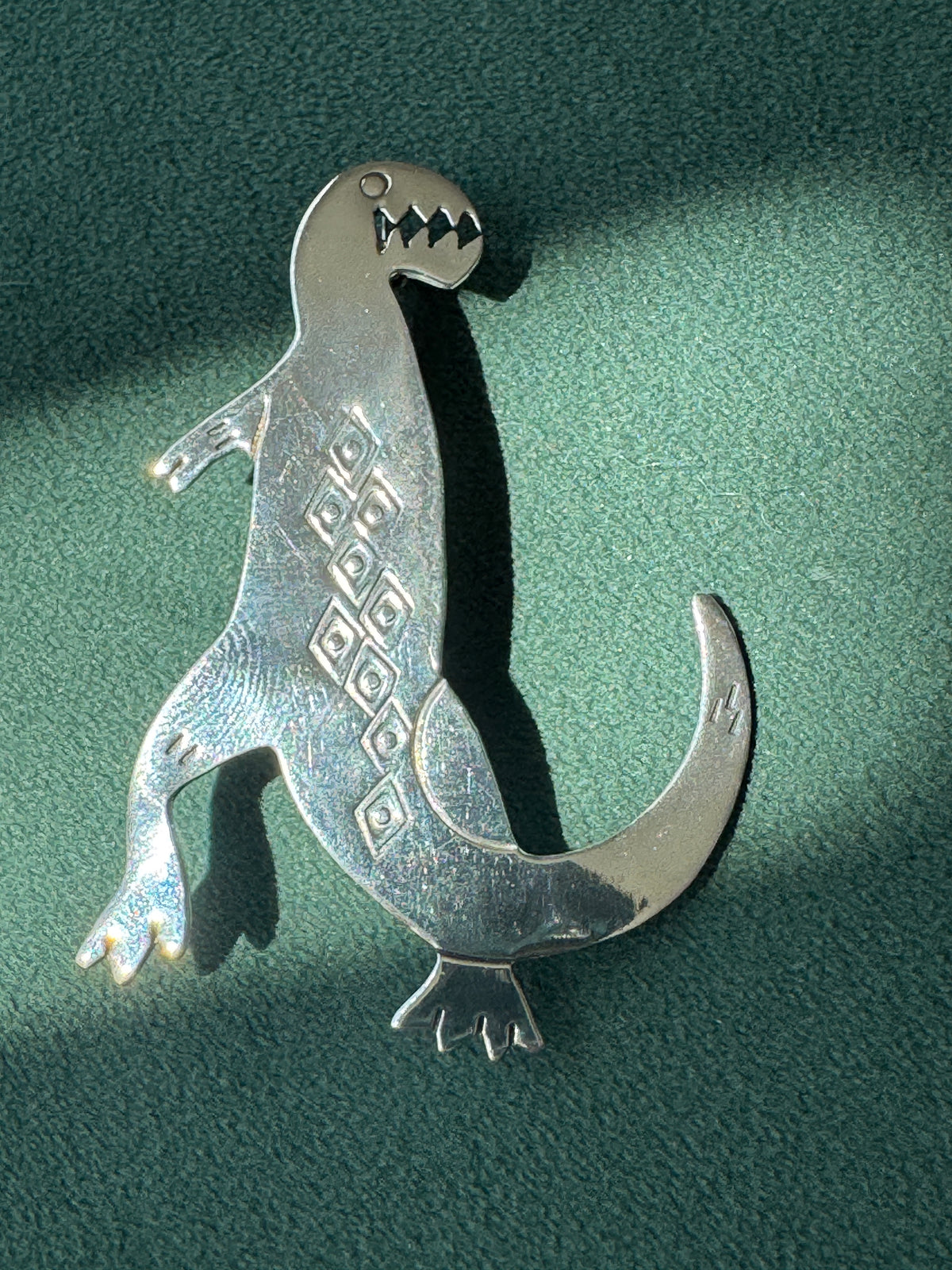 Vintage Sterling Silver Dinosaur Brooch Signed Woods Southwestern Stamped Design Estate Jewelry