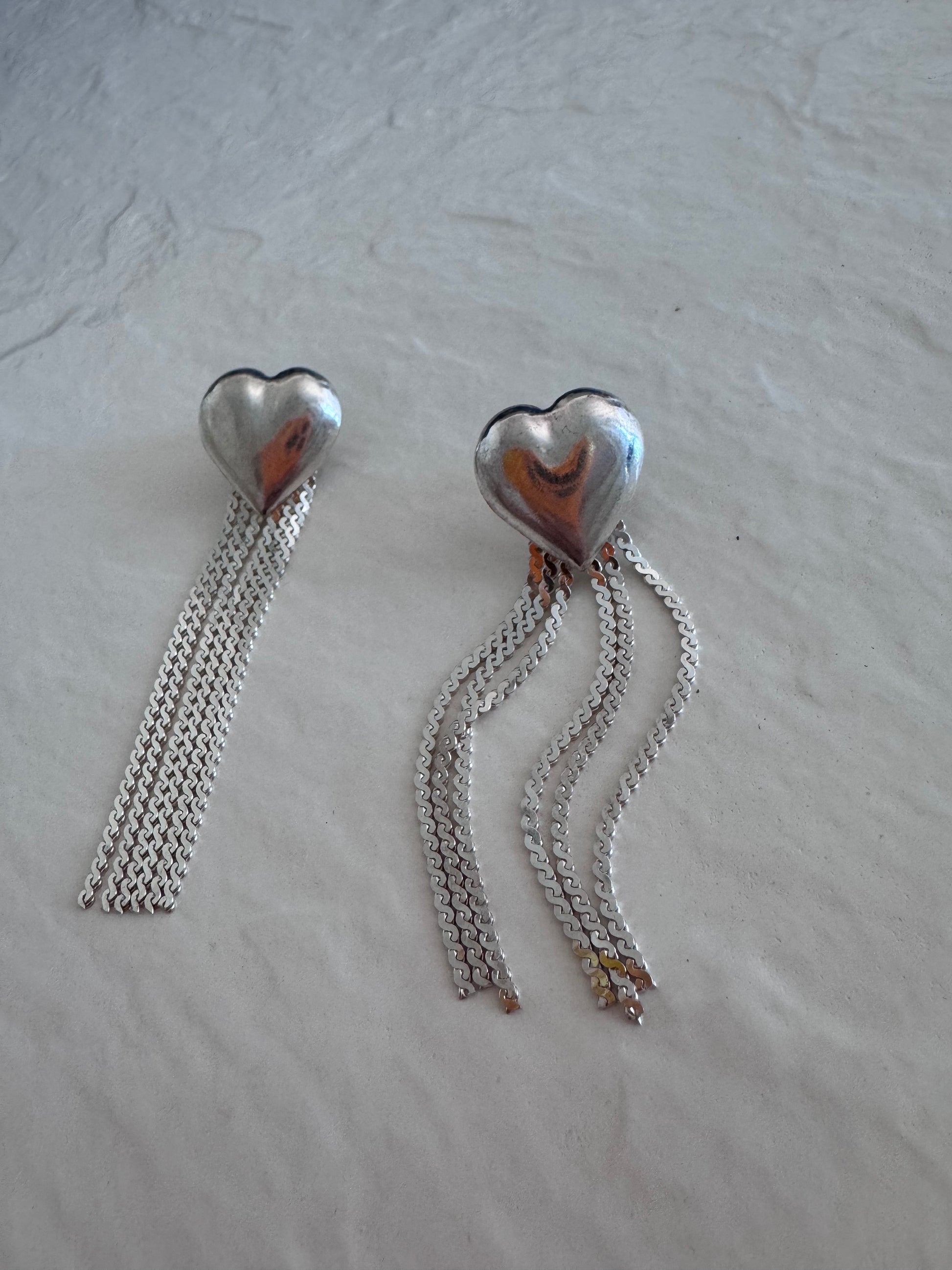 Vintage sterling silver puffy heart earrings with chain tassel fringe, showing 925 hallmarks and never-worn condition