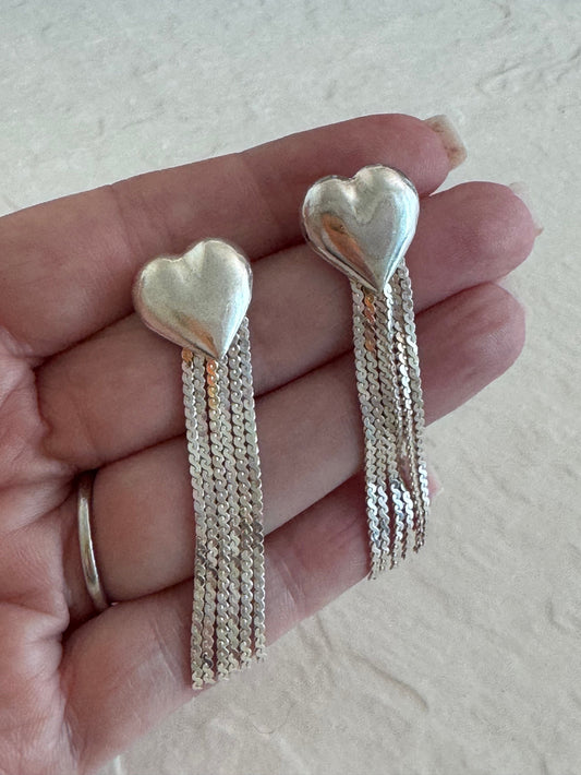 Vintage sterling silver puffy heart earrings with chain tassel fringe, showing 925 hallmarks and never-worn condition