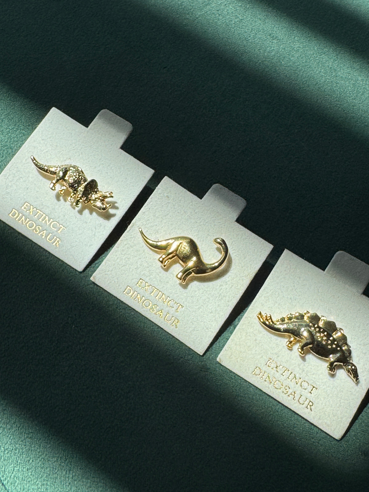 Vintage Extinct Dinosaur Lapel Pin Set of Three Gold Tone Dead Stock