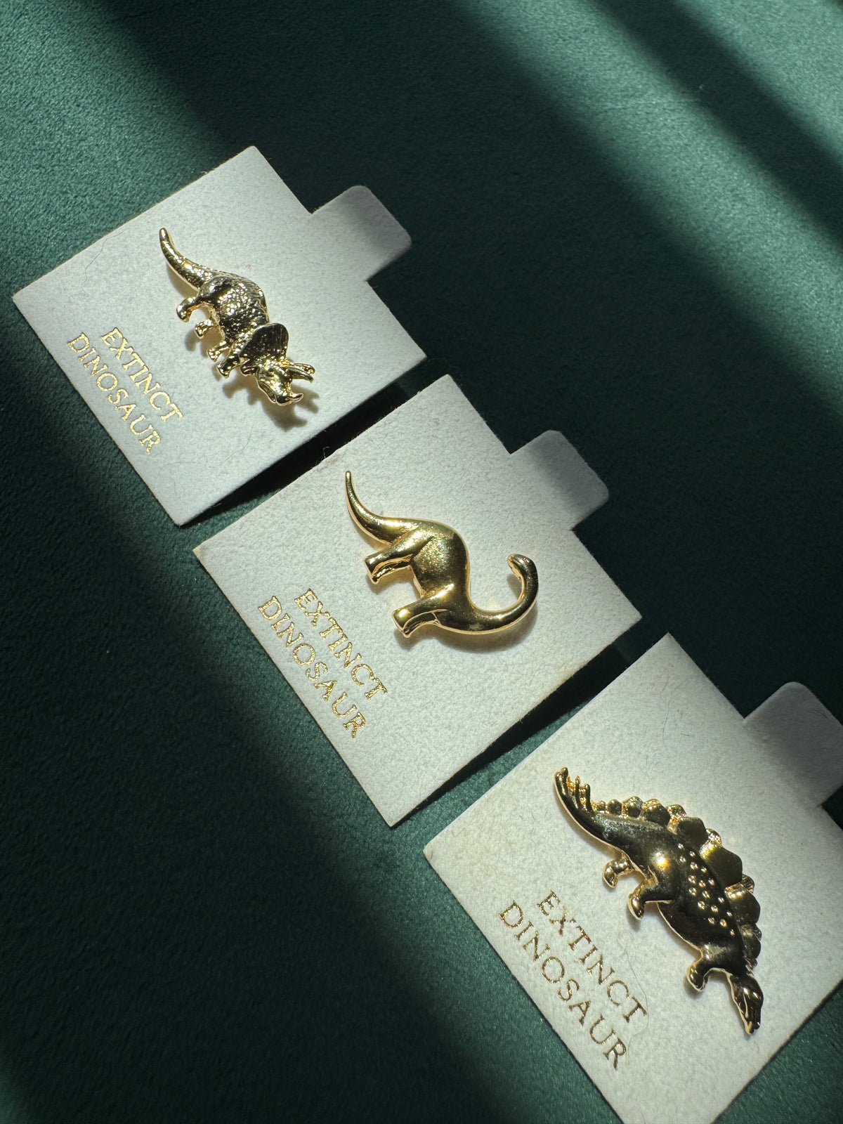 Vintage Extinct Dinosaur Lapel Pin Set of Three Gold Tone Dead Stock