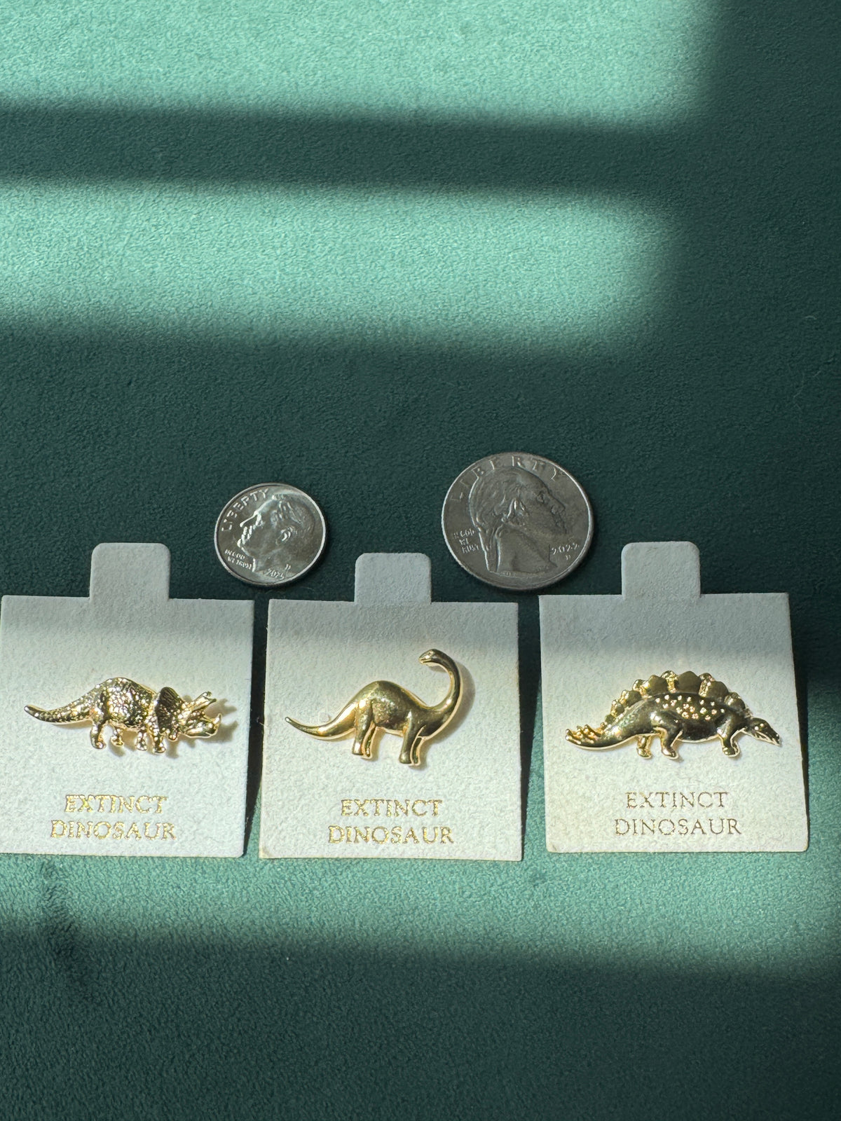Vintage Extinct Dinosaur Lapel Pin Set of Three Gold Tone Dead Stock