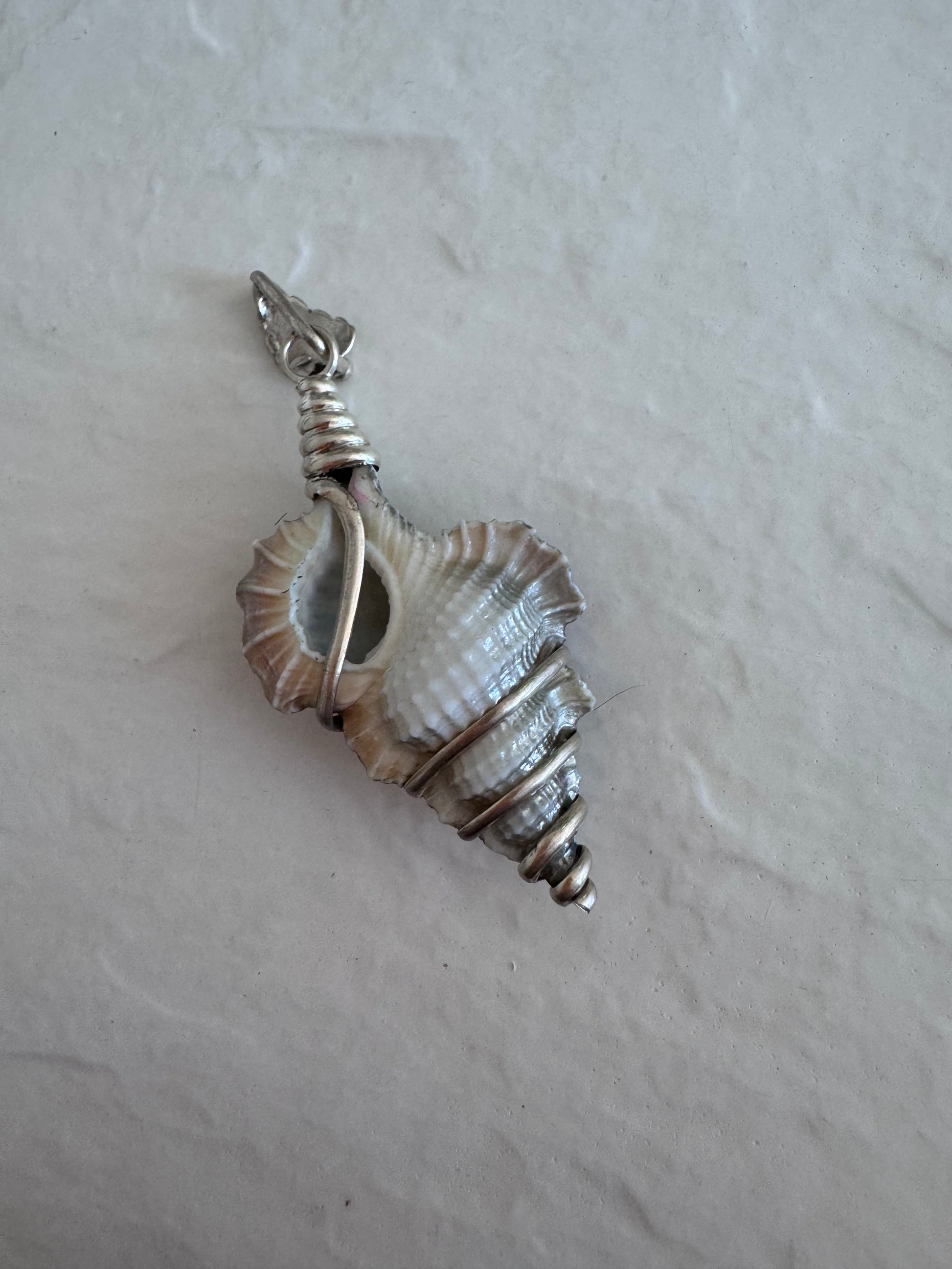 Estate sterling silver wire wrapped shell pendants with rainbow chrome iridescent finish showing purple blue and gold colors, approximately 2 inches long