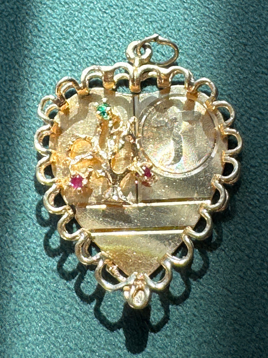 Beautiful Mid Century Tree of Life and Chai Heart Pendant in 14k with Gems