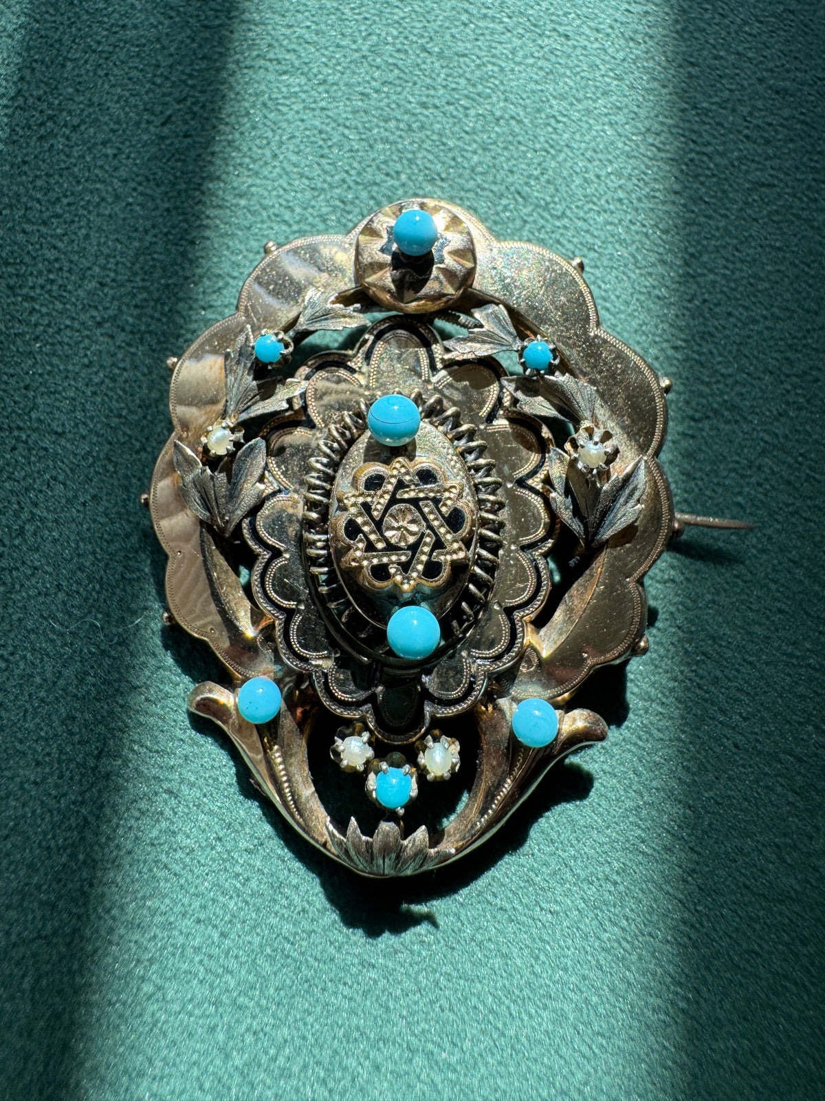 Antique Victorian 14K Gold Turquoise Pearl Brooch Massive Scale Rare Hand Fabricated Goldwork Over A Century Old