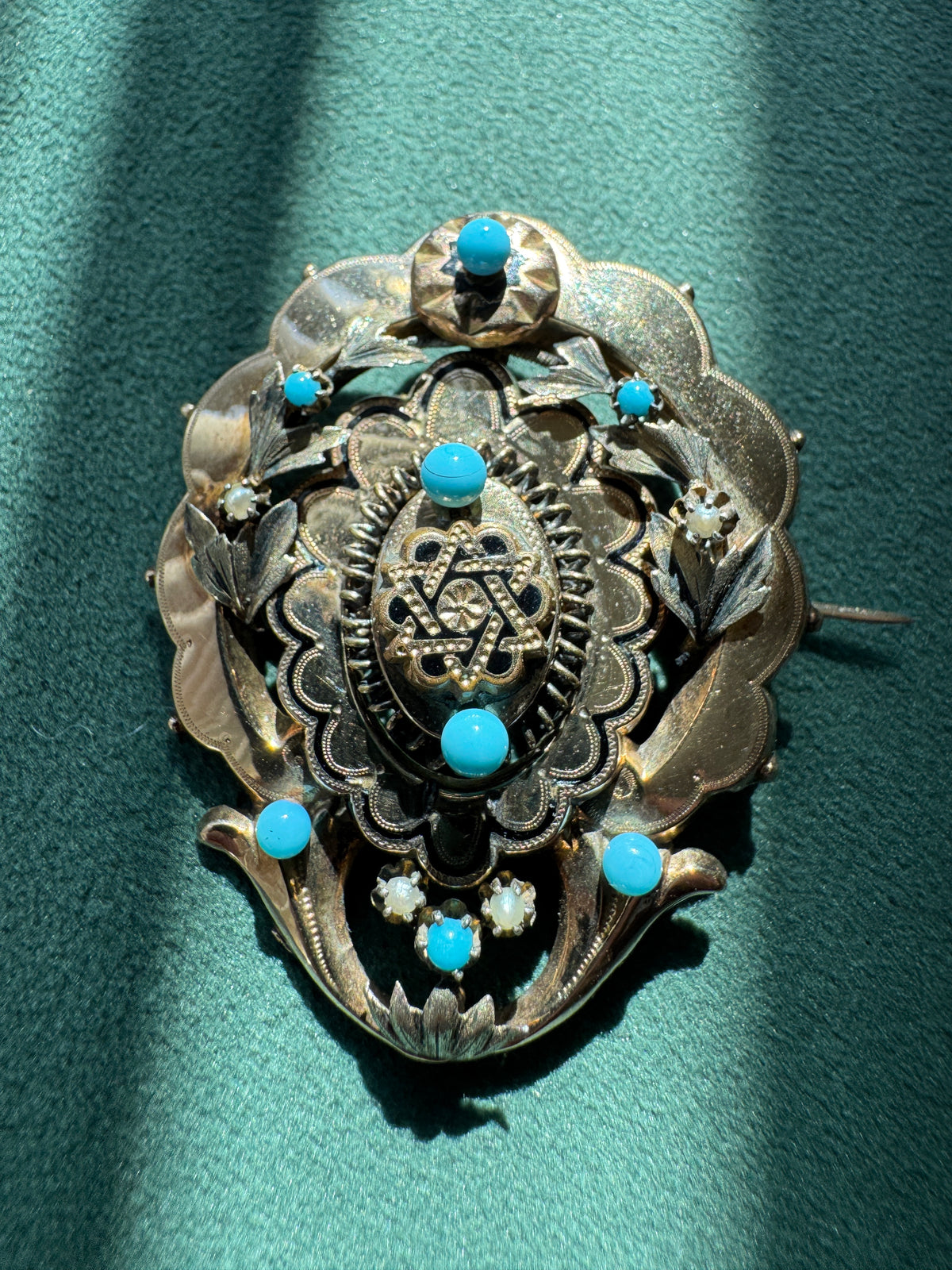 Antique Victorian 14K Gold Turquoise Pearl Brooch Massive Scale Rare Hand Fabricated Goldwork Over A Century Old