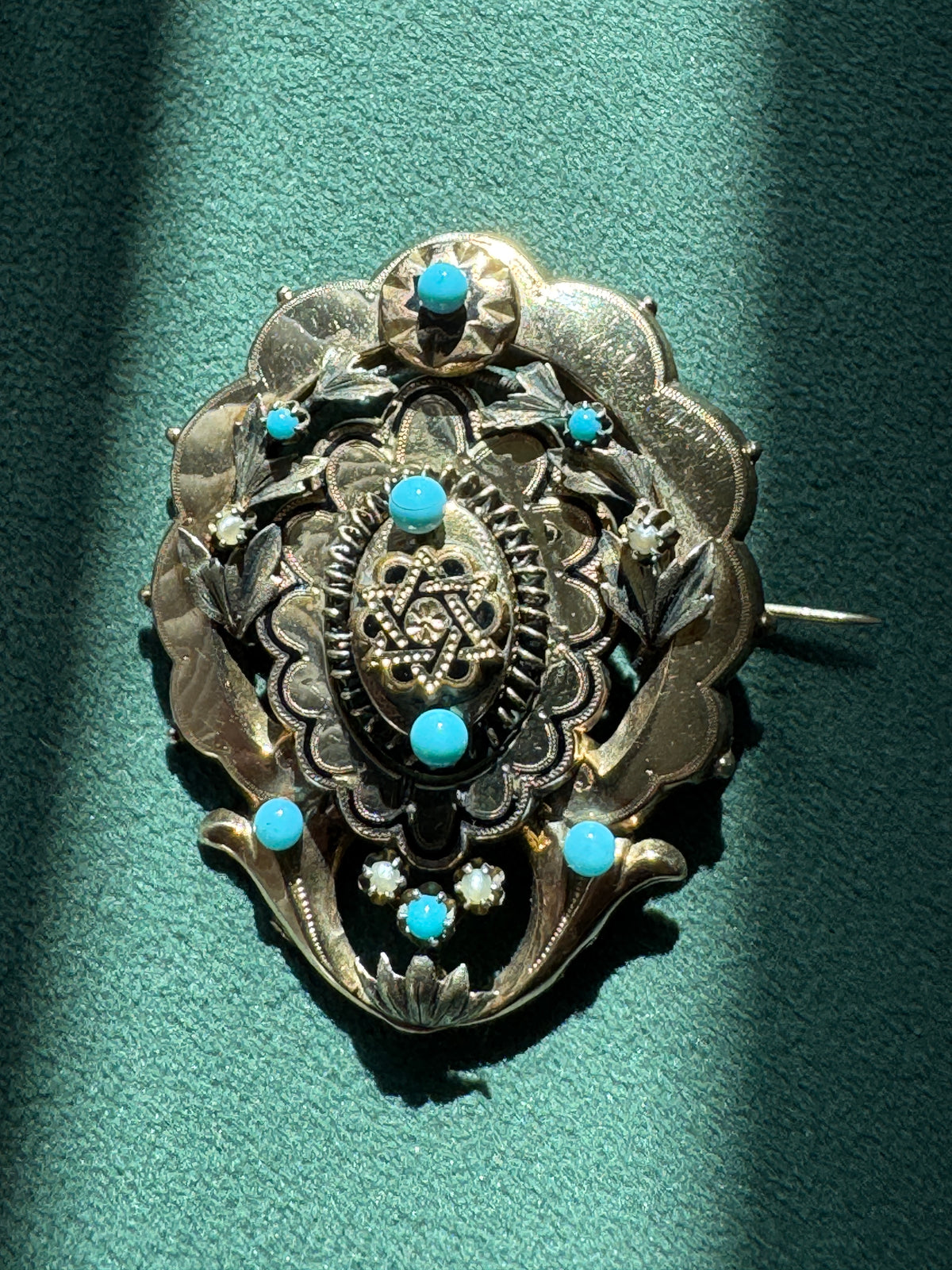 Antique Victorian 14K Gold Turquoise Pearl Brooch Massive Scale Rare Hand Fabricated Goldwork Over A Century Old
