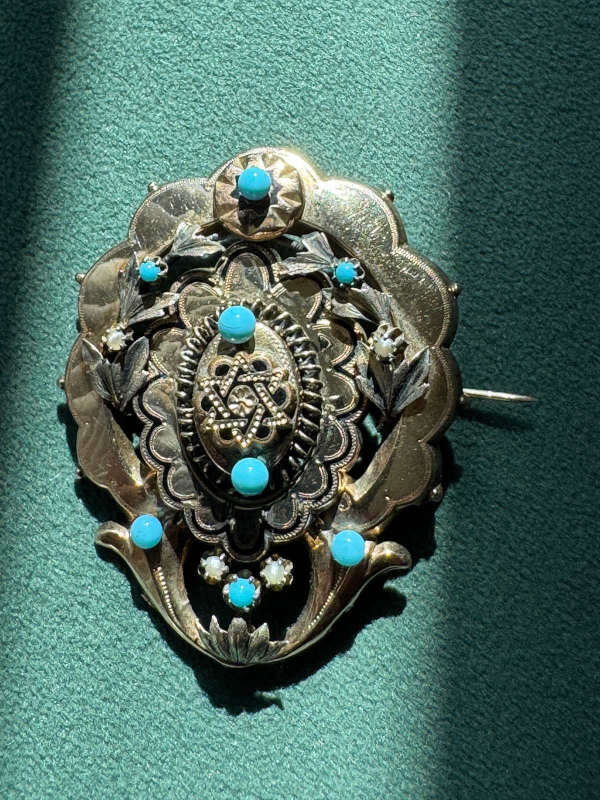 Antique Victorian 14K Gold Turquoise Pearl Brooch Massive Scale Rare Hand Fabricated Goldwork Over A Century Old
