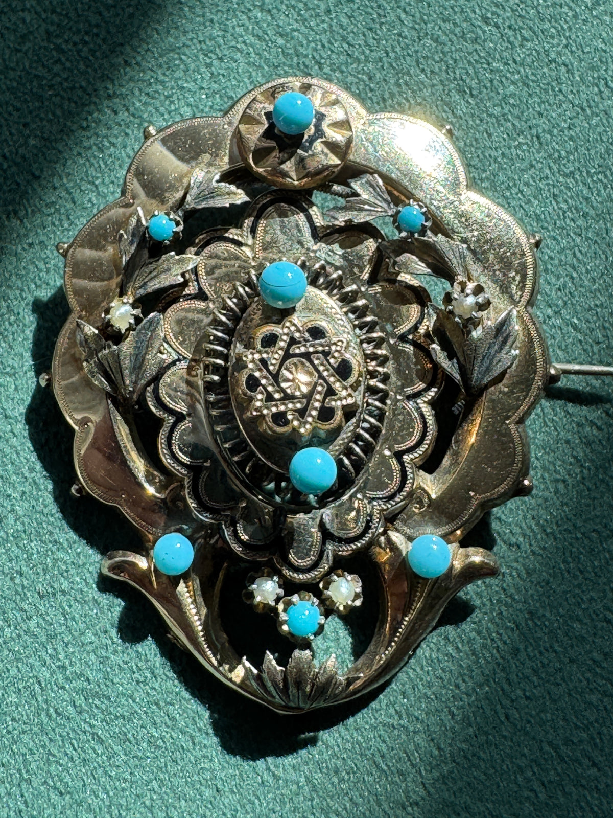 Antique Victorian 14K Gold Turquoise Pearl Brooch Massive Scale Rare Hand Fabricated Goldwork Over A Century Old