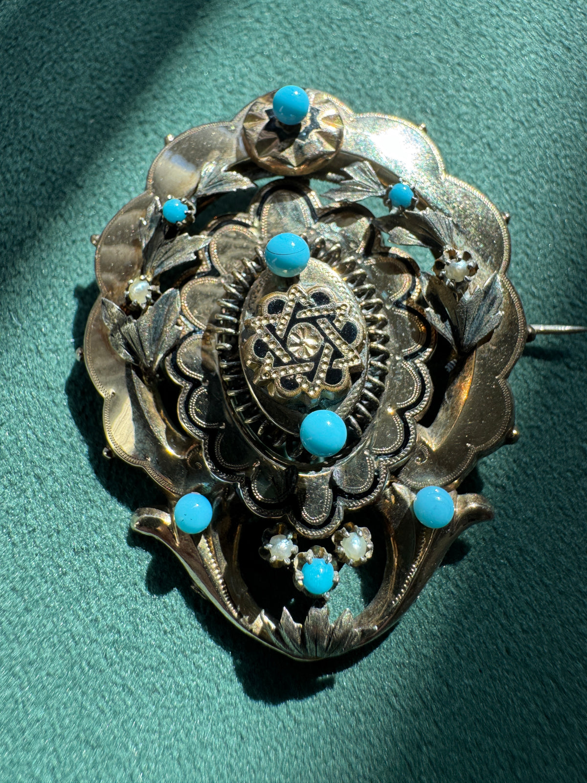 Antique Victorian 14K Gold Turquoise Pearl Brooch Massive Scale Rare Hand Fabricated Goldwork Over A Century Old