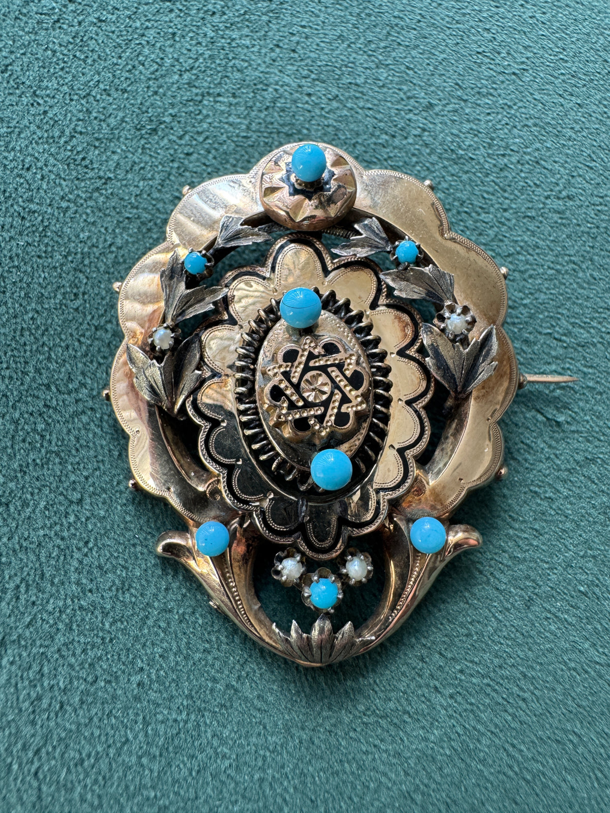 Antique Victorian 14K Gold Turquoise Pearl Brooch Massive Scale Rare Hand Fabricated Goldwork Over A Century Old