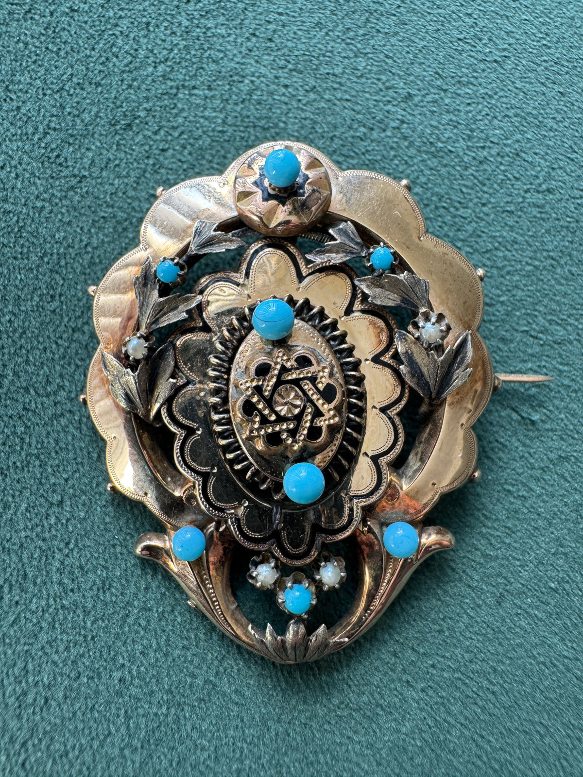 Antique Victorian 14K Gold Turquoise Pearl Brooch Massive Scale Rare Hand Fabricated Goldwork Over A Century Old