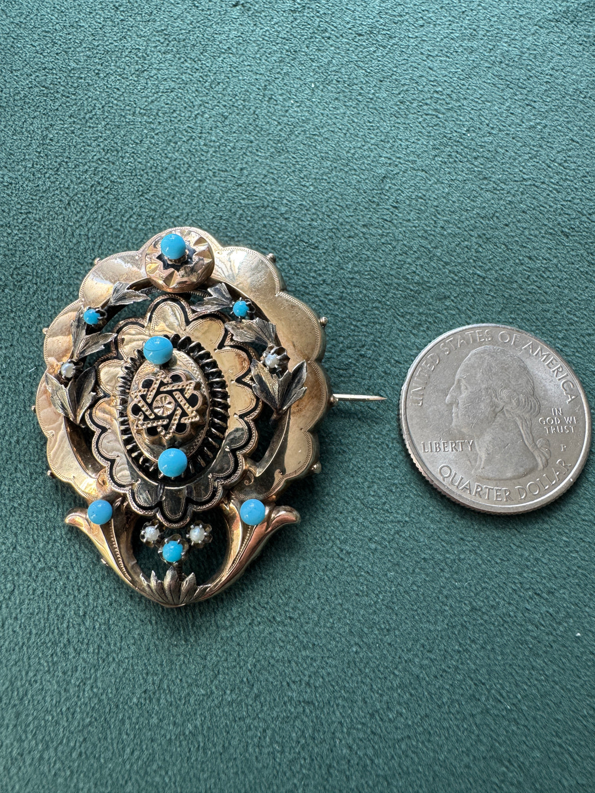 Antique Victorian 14K Gold Turquoise Pearl Brooch Massive Scale Rare Hand Fabricated Goldwork Over A Century Old