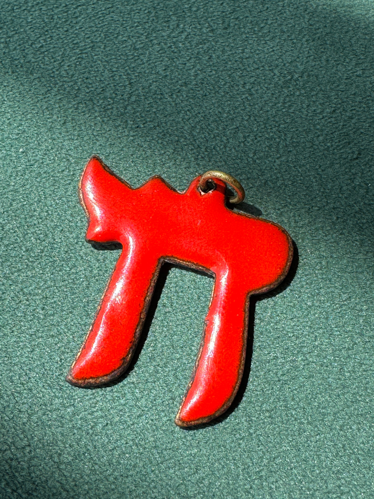 Vintage Mid Century Red Enamel on Copper Chai Pendant Hebrew Life Symbol Judaica Estate Jewelry