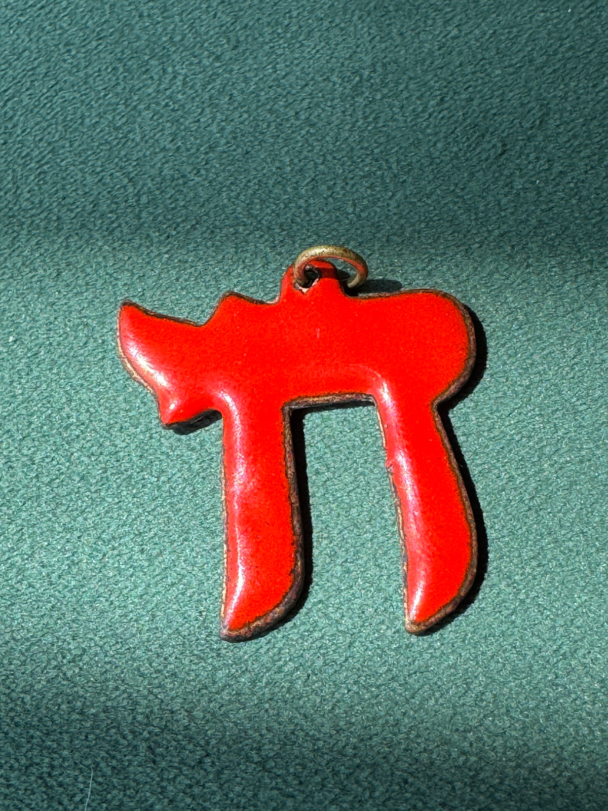 Vintage Mid Century Red Enamel on Copper Chai Pendant Hebrew Life Symbol Judaica Estate Jewelry