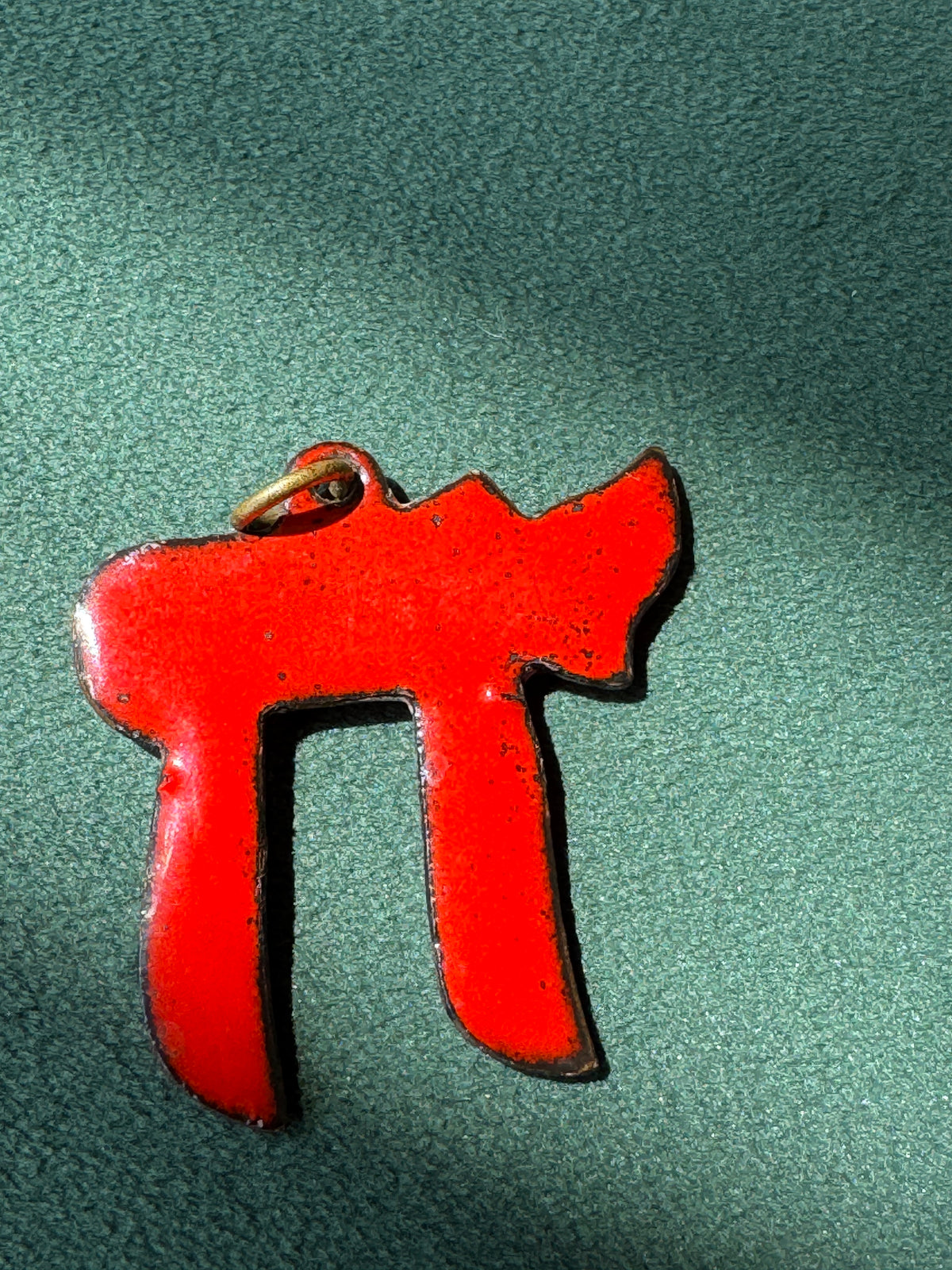 Vintage Mid Century Red Enamel on Copper Chai Pendant Hebrew Life Symbol Judaica Estate Jewelry