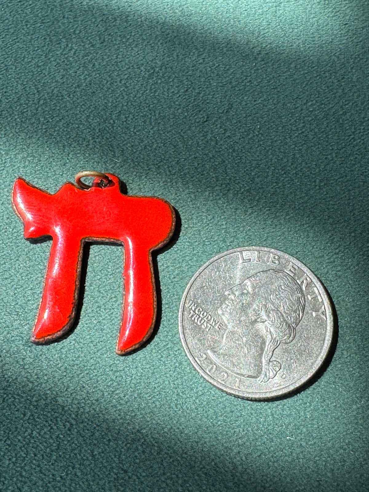 Vintage Mid Century Red Enamel on Copper Chai Pendant Hebrew Life Symbol Judaica Estate Jewelry