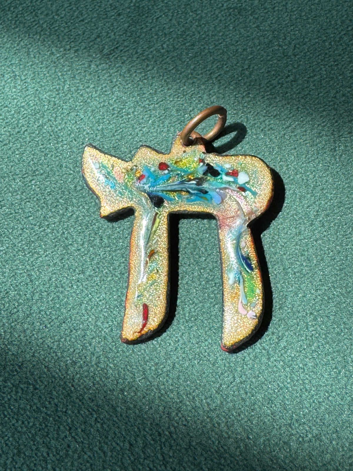 Vintage Mid Century Reversible Enamel on Copper Chai Pendant Two Sided Blue Swirl and Confetti Judaica Estate Jewelry