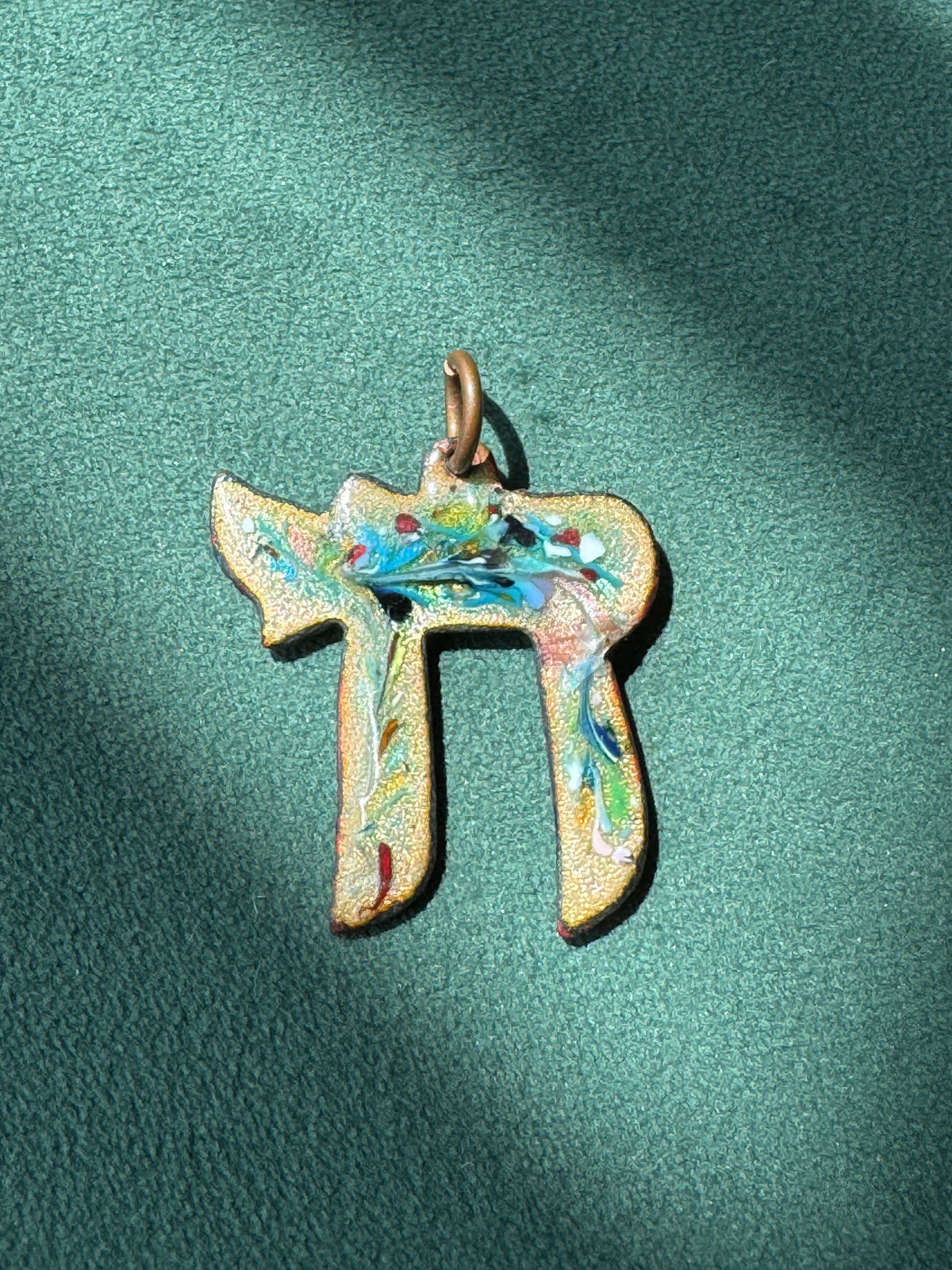 Vintage Mid Century Reversible Enamel on Copper Chai Pendant Two Sided Blue Swirl and Confetti Judaica Estate Jewelry