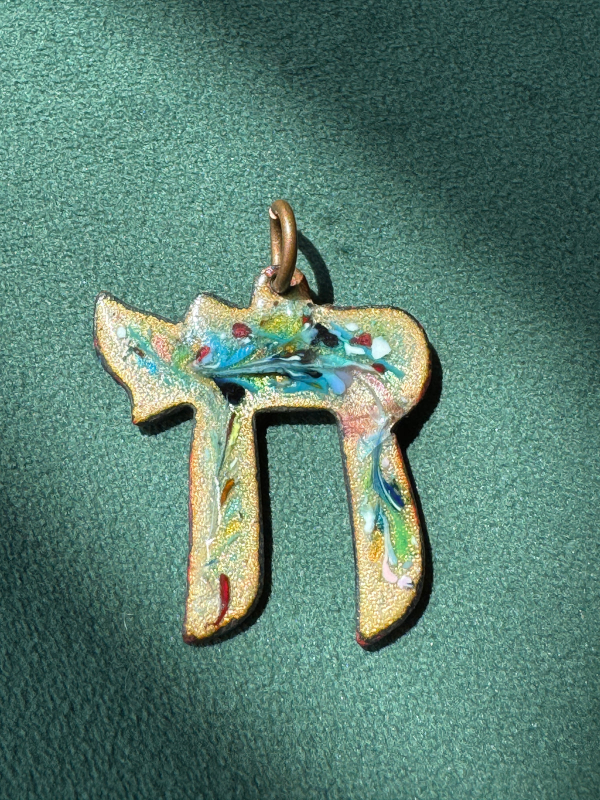 Vintage Mid Century Reversible Enamel on Copper Chai Pendant Two Sided Blue Swirl and Confetti Judaica Estate Jewelry