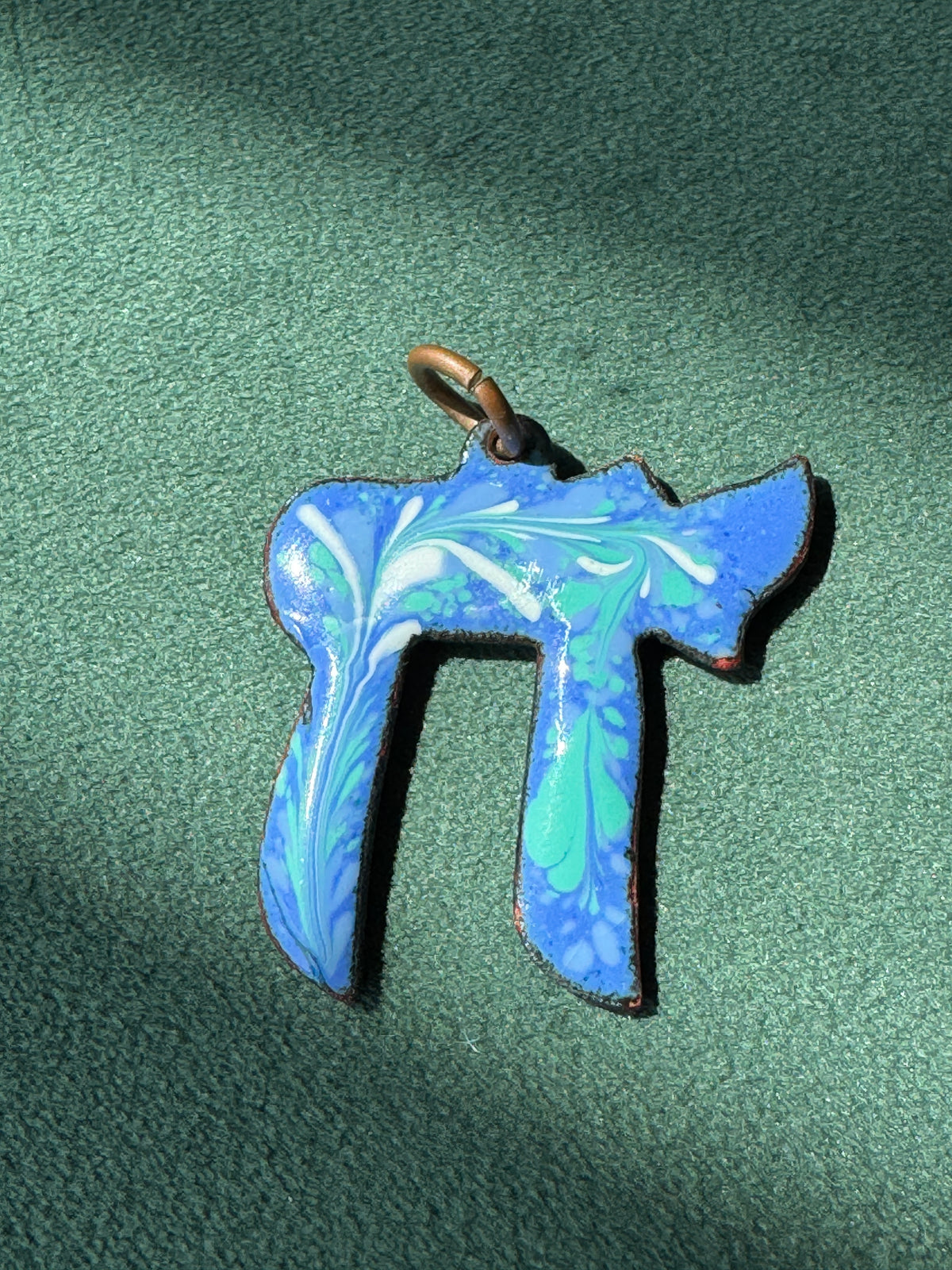 Vintage Mid Century Reversible Enamel on Copper Chai Pendant Two Sided Blue Swirl and Confetti Judaica Estate Jewelry