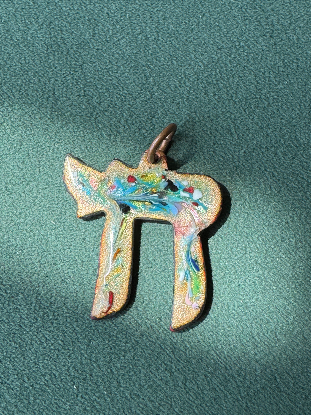 Vintage Mid Century Reversible Enamel on Copper Chai Pendant Two Sided Blue Swirl and Confetti Judaica Estate Jewelry