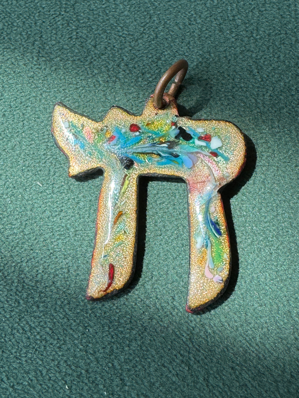 Vintage Mid Century Reversible Enamel on Copper Chai Pendant Two Sided Blue Swirl and Confetti Judaica Estate Jewelry