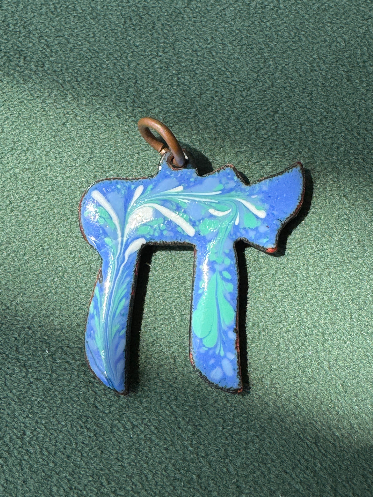 Vintage Mid Century Reversible Enamel on Copper Chai Pendant Two Sided Blue Swirl and Confetti Judaica Estate Jewelry