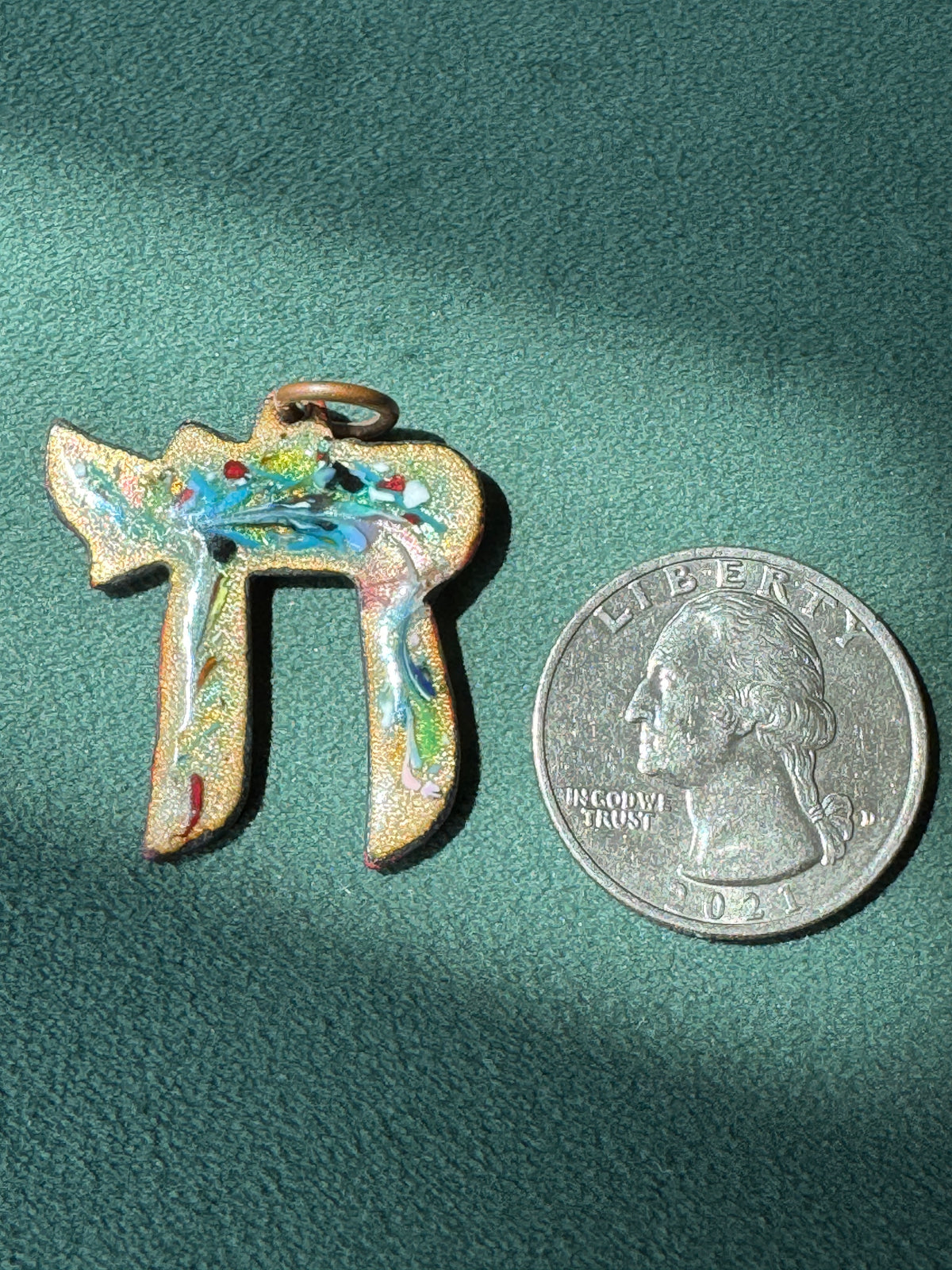 Vintage Mid Century Reversible Enamel on Copper Chai Pendant Two Sided Blue Swirl and Confetti Judaica Estate Jewelry