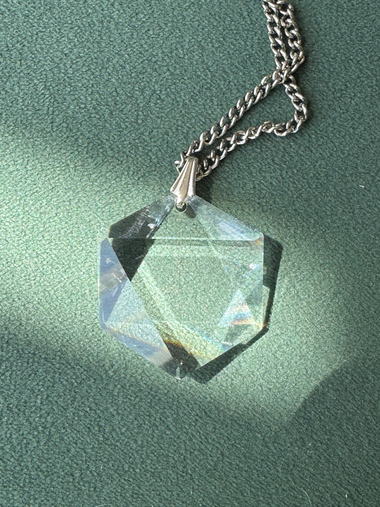 Vintage Faceted Crystal Star of David Pendant Clear Prism Magen David Silver Tone Judaica Necklace