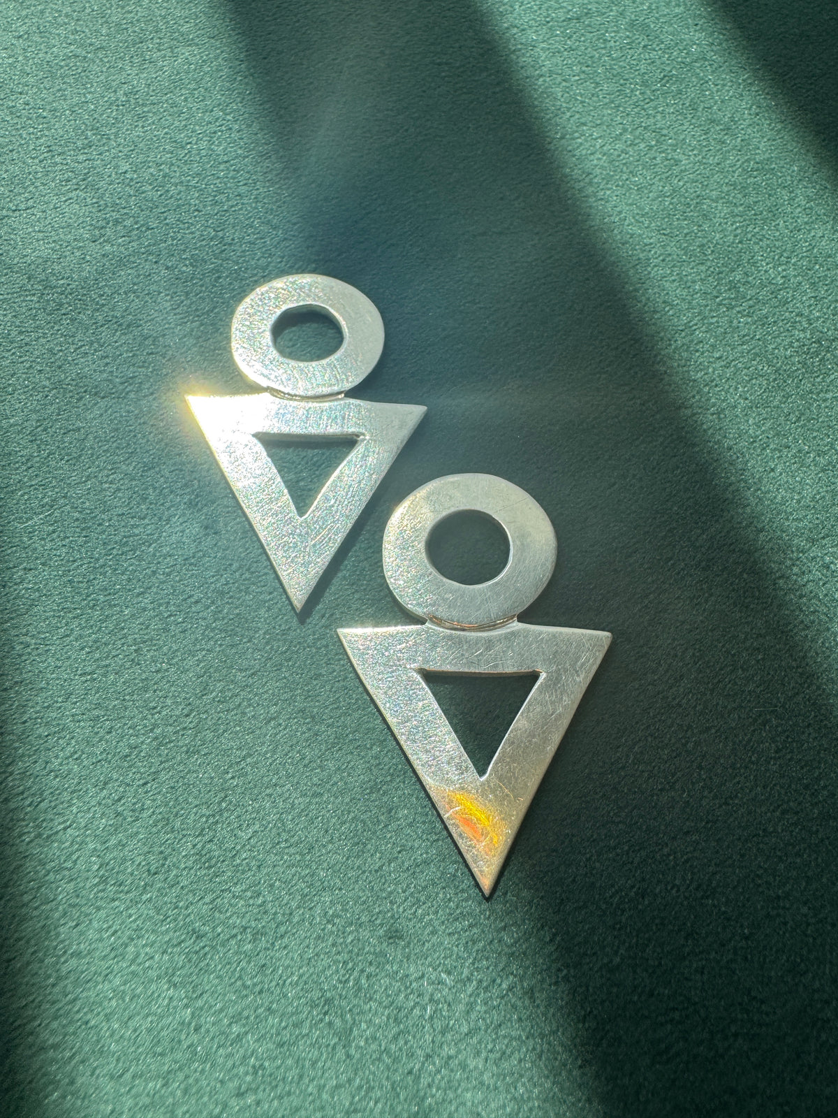 Vintage 1980s Mexican Sterling Silver Modernist Earrings Circle and Triangle Geometric Dangles Taxco TZ-10