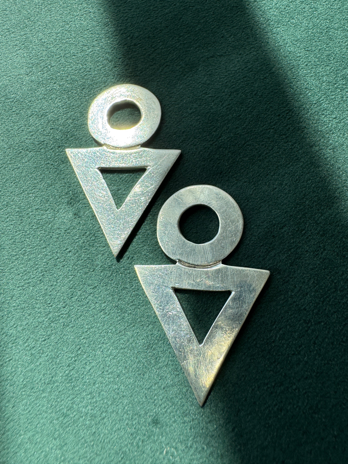 Vintage 1980s Mexican Sterling Silver Modernist Earrings Circle and Triangle Geometric Dangles Taxco TZ-10
