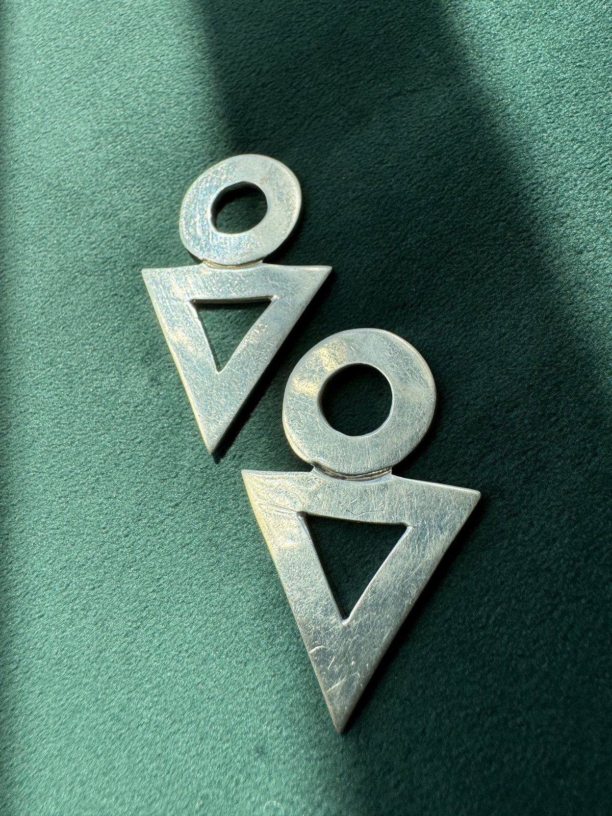 Vintage 1980s Mexican Sterling Silver Modernist Earrings Circle and Triangle Geometric Dangles Taxco TZ-10