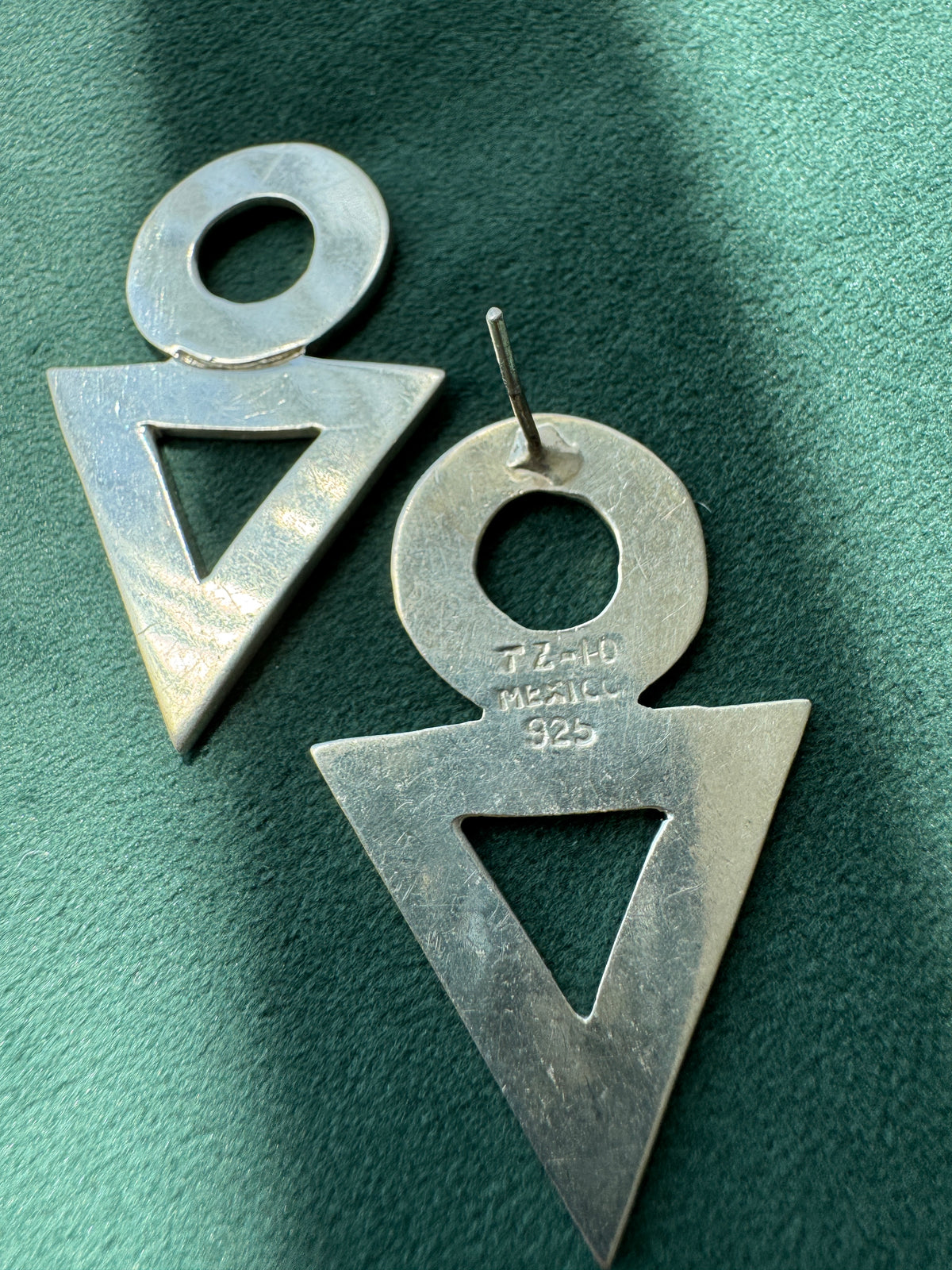 Vintage 1980s Mexican Sterling Silver Modernist Earrings Circle and Triangle Geometric Dangles Taxco TZ-10