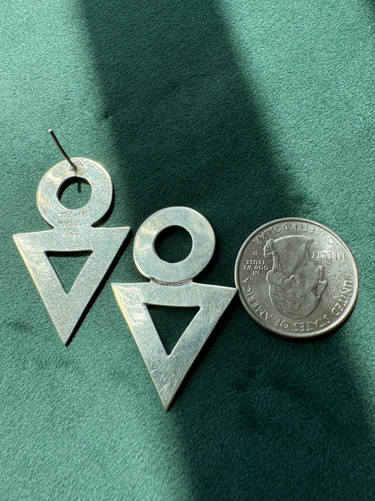 Vintage 1980s Mexican Sterling Silver Modernist Earrings Circle and Triangle Geometric Dangles Taxco TZ-10