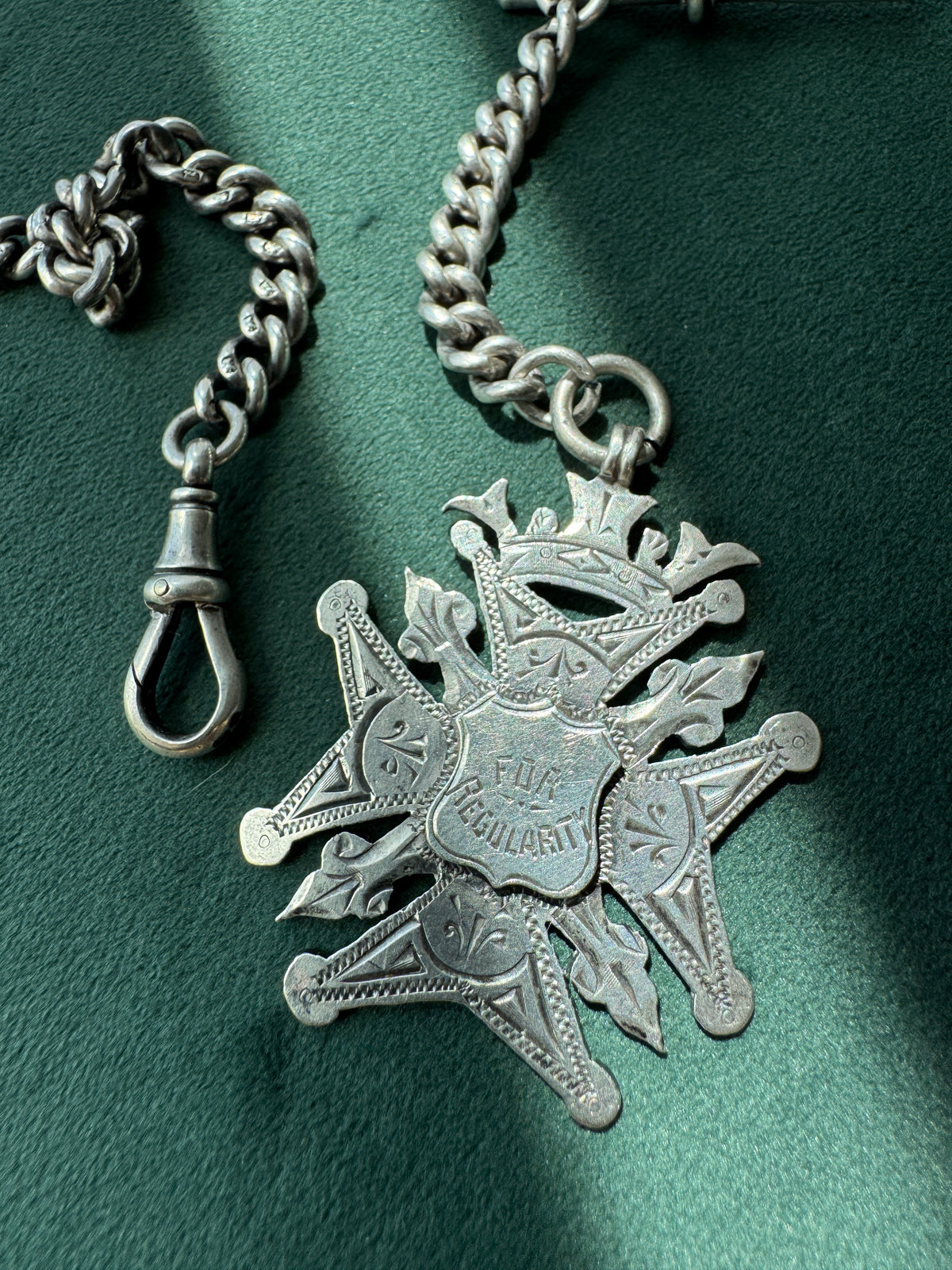 Antique Victorian Sterling Silver Albert Watch Chain For Regularity Fob Medal 1900 Engraved M Garland St Peters Woolwich Birmingham Hallmarked