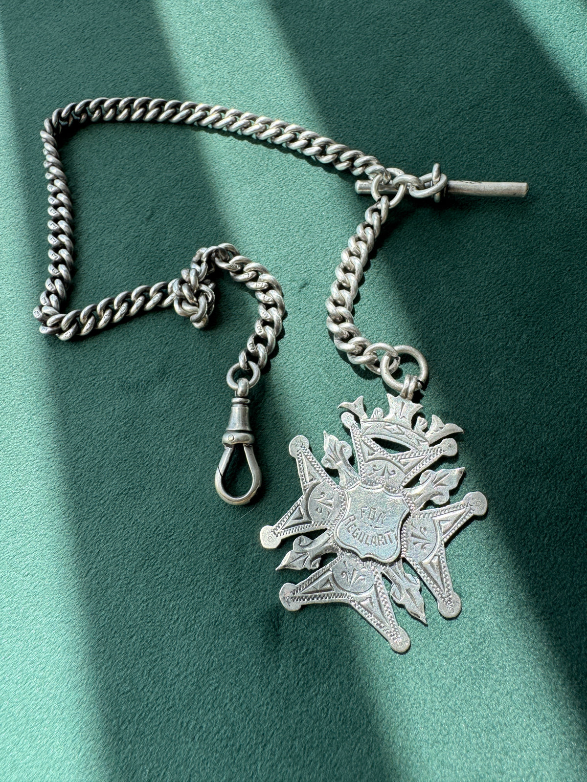 Antique Victorian Sterling Silver Albert Watch Chain For Regularity Fob Medal 1900 Engraved M Garland St Peters Woolwich Birmingham Hallmarked