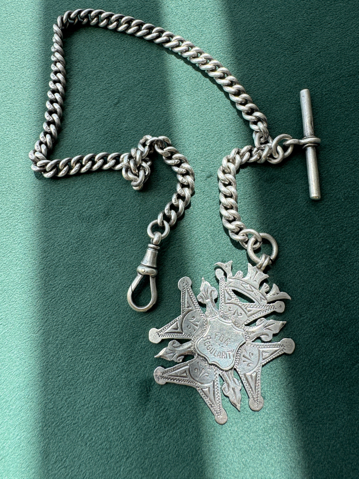 Antique Victorian Sterling Silver Albert Watch Chain For Regularity Fob Medal 1900 Engraved M Garland St Peters Woolwich Birmingham Hallmarked