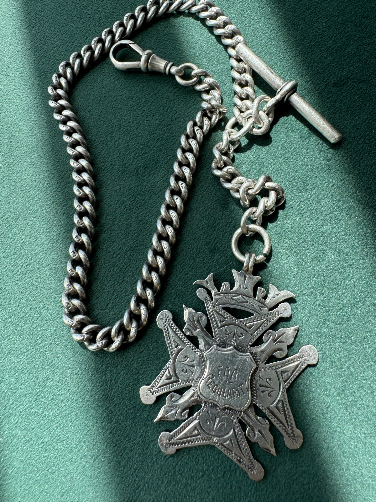 Antique Victorian Sterling Silver Albert Watch Chain For Regularity Fob Medal 1900 Engraved M Garland St Peters Woolwich Birmingham Hallmarked
