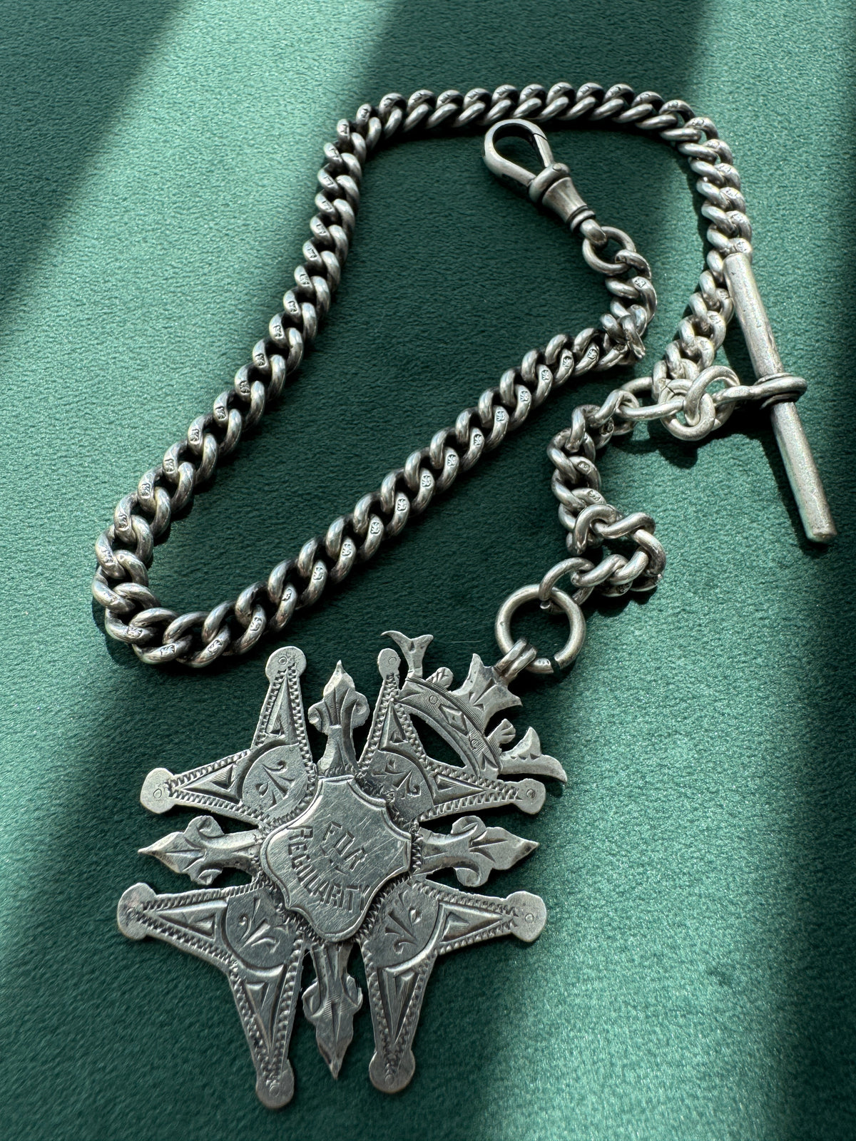 Antique Victorian Sterling Silver Albert Watch Chain For Regularity Fob Medal 1900 Engraved M Garland St Peters Woolwich Birmingham Hallmarked
