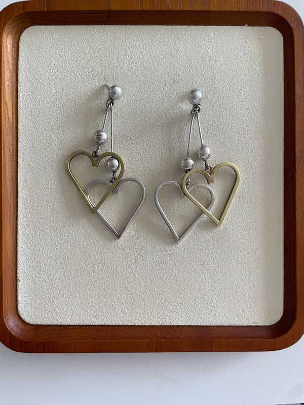 Vintage Sterling and Brass Heart Earrings, Taxco Mexico